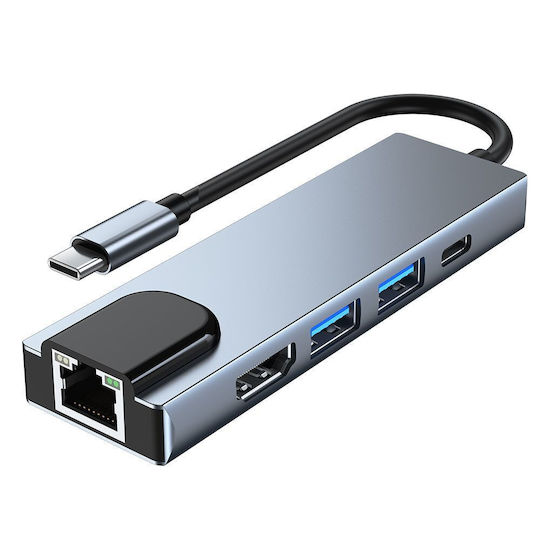 Tech-Protect V3 5in1 USB-C Докинг станция с HDMI 4K PD Етърнет и свързване 4 монитора Сив