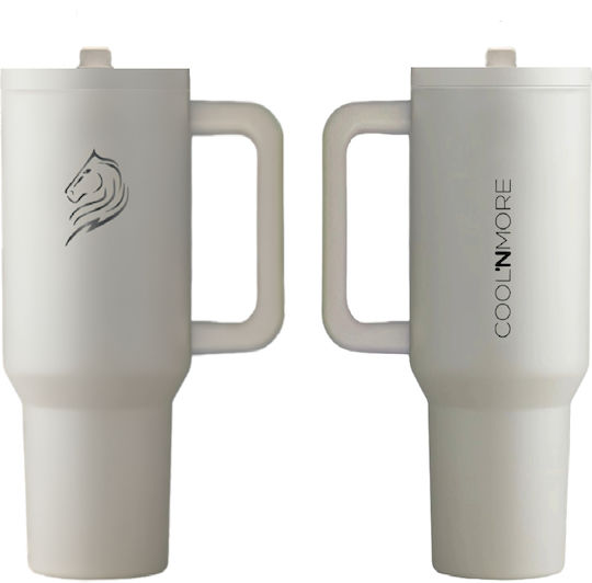 Cool'NMore Traveller Tumbler Handled Tumbler Thermos Stainless Steel BPA Free 1lt Cream with Straw and Handle