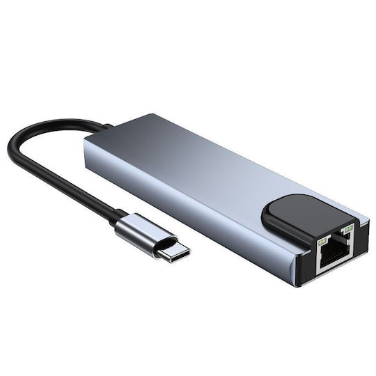 Tech-Protect V3 5in1 USB-C Докинг станция с HDMI 4K PD Етърнет и свързване 4 монитора Сив