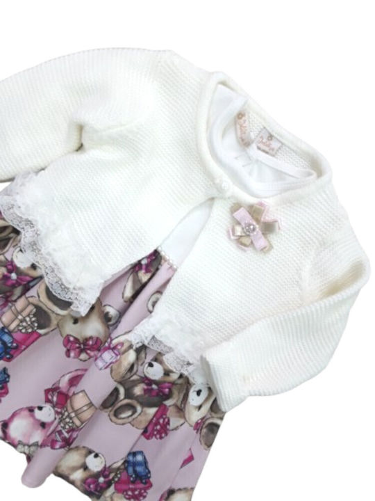 Girls Dress Long Sleeve Knitted Set with Coat and Accessories White, Pink