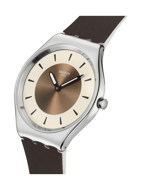Swatch Swatch Γυναικείο Ρολόι Μπαταρίας με Καφέ Καουτσούκ Λουράκι