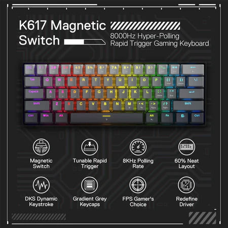 Redragon K617 FIZZ Gaming Tastatură Mecanică 60% cu Magnetic comutatoare și iluminare RGB (Engleză US)
