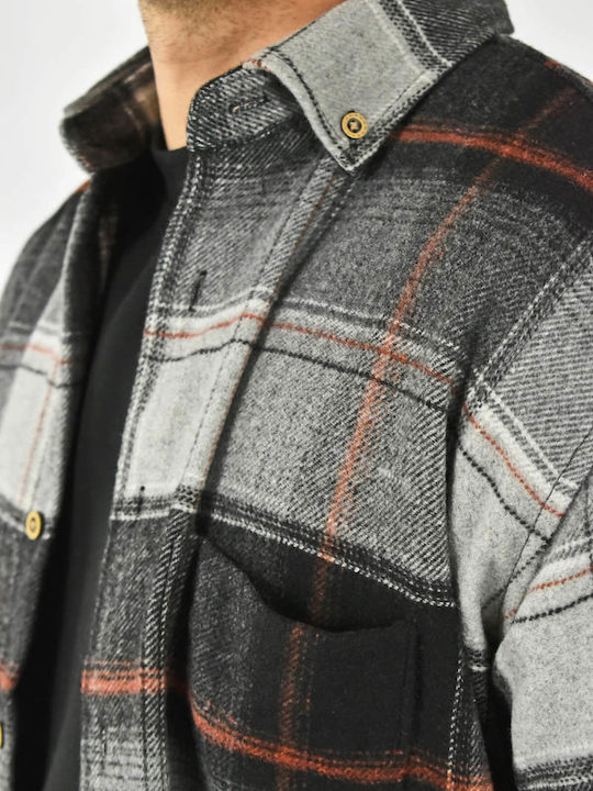 Μακρυμάνικo Overshirt σε Κανονική Γραμμή Καρό Γκρι