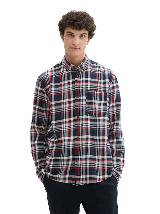 Long-sleeved Cotton Shirt Checked Navy Blue