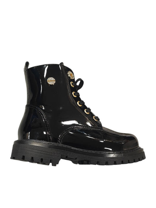 Kinderstiefel aus Lackleder mit Schnürsenkeln Schwarz