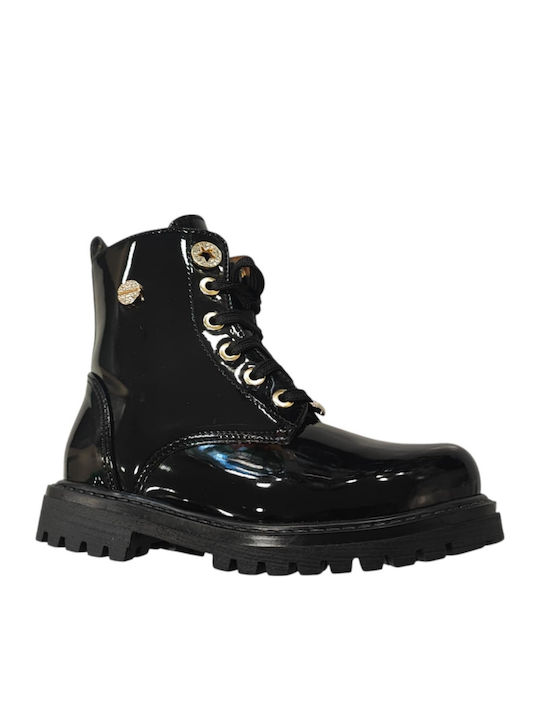 Kinderstiefel aus Lackleder mit Schnürsenkeln Schwarz