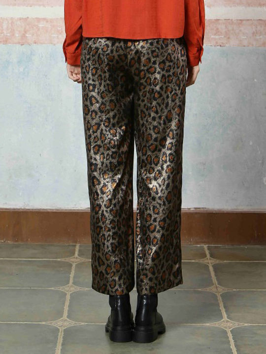 See U Soon Women's High-waisted Fabric Trousers Flare with Elastic Leopard Gold