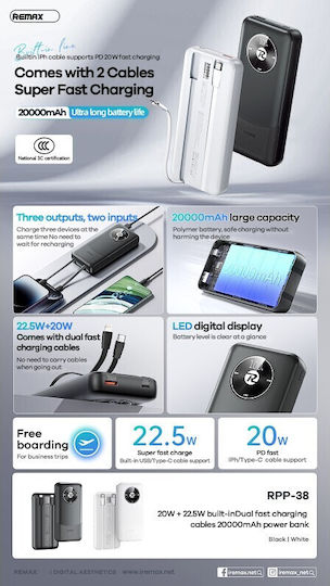 Remax RPP-38 Power Bank 20000mAh 22.5W Μαύρο