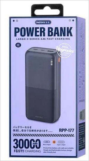 Remax RPP-177 Power Bank 30000mAh cu Port USB-A și 2 Porturi USB-C Negru