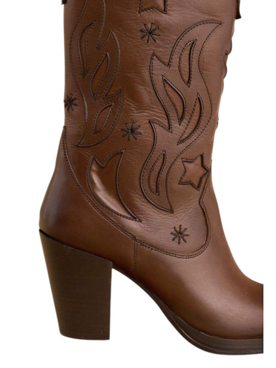 Attrattivo Leather Women's Boots Cowboy with High Heel Brown