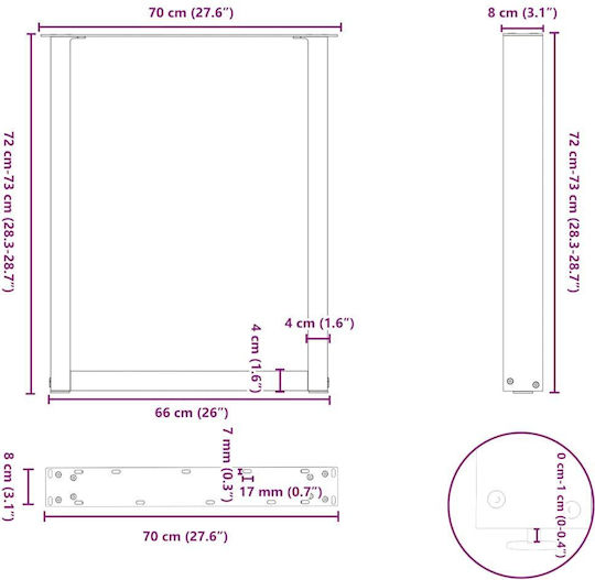 vidaXL Metallic Furniture Leg 3 Pieces Suitable for Table / Coffee Table / Office 70x72cm Black