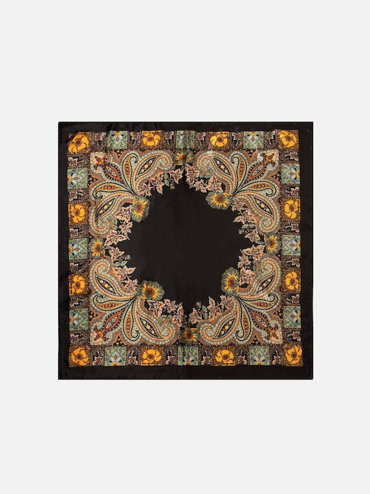 Satin Paisley Scarf Black Yellow Print