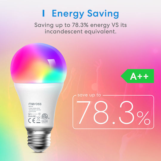 Meross Smart Lampe (Non-HomeKit) LED für Fassung E27 und Form A19 RGB 810lm Dimmbar