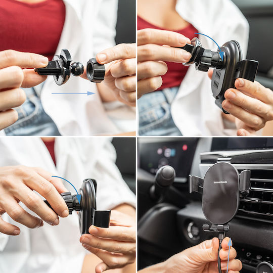 InnovaGoods Chakar Car Mobile Mount with Adjustable Hooks and Wireless Charging Black