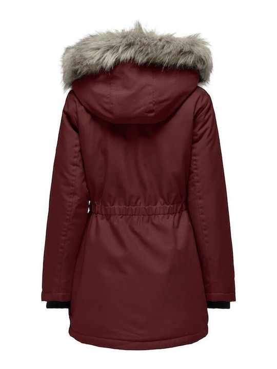 Iris Women's Long Parka Jacket for Winter with Hood Burgundy