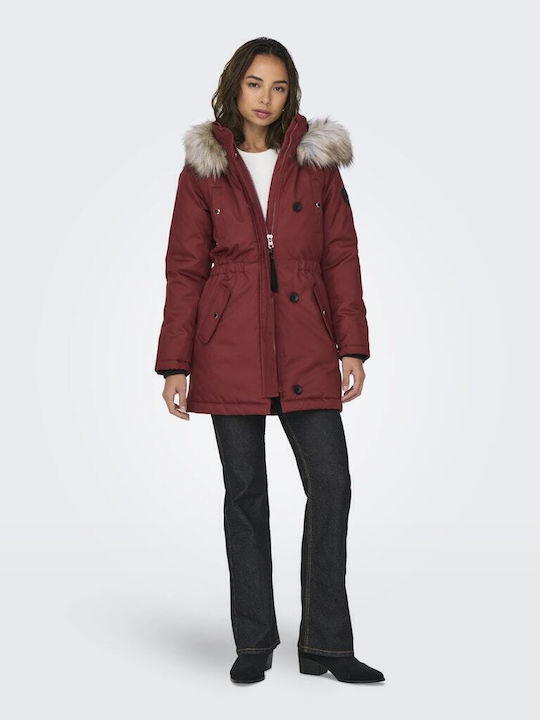 Iris Women's Long Parka Jacket for Winter with Hood Burgundy