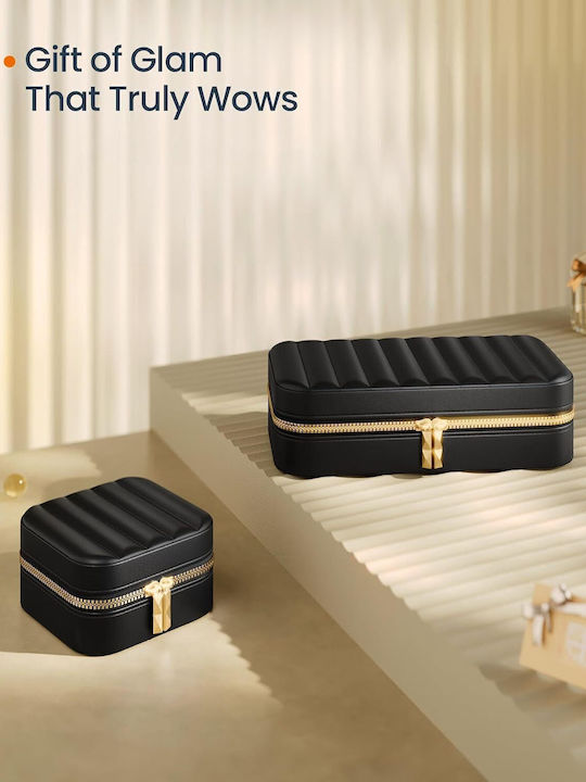 Portable Jewelry Box Mirror Zipper 10.5 X 20.5 X 6 cm Black Jbc180b01 Songmics