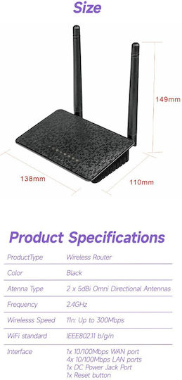EDUP EP-RT2667 Удължител на WiFi Единична Лента (2.4GHz) 300Mbps с 4 Gigabit Ethernet