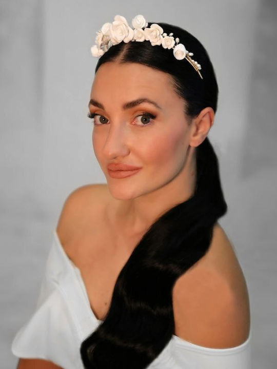 Bridal Headband Ceramic White Flower Petals White Pearls Azalia