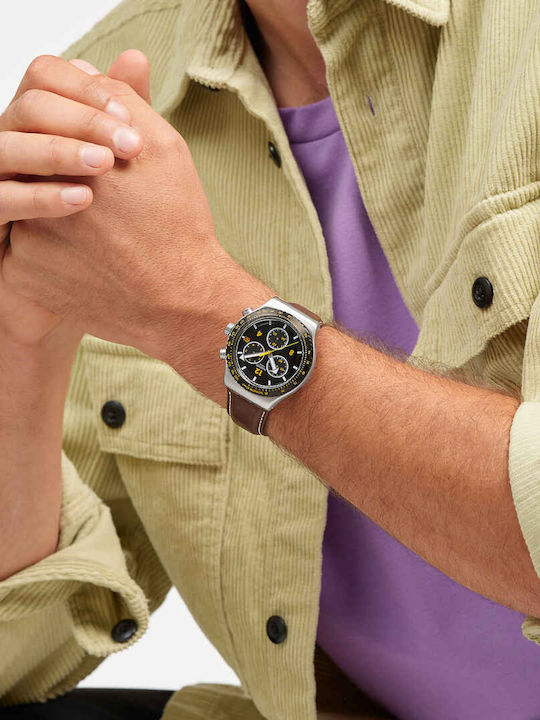 Swatch Unisex Men's Watch Chronograph Battery with Brown Leather Strap