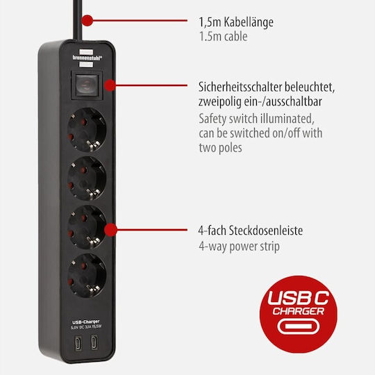 Brennenstuhl Ecolor Power Strip 4 Positions with 2 USB-C, Switch and Cable 1.5m