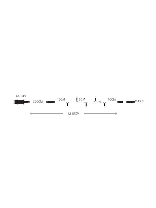 Σειρα 100 Led 3mm 31v Μετασχηματιστη 4 Επεκτασεις Εως 3 Σετ Διαφανο Pvc Καλωδιο Λευκο Led Ανα 5cm Προεκταση Παροχης 3m Ιp44