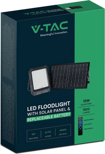 V-TAC Στεγανός Ηλιακός Προβολέας LED 15W Φυσικό Λευκό 4000K με Τηλεχειριστήριο IP65