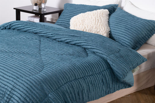 Saray Home Set Pilotă Super Dublu cu Umplutură Microfiber 220x240cm Ruffles Benzină 3buc 200 g/mp²Gsm