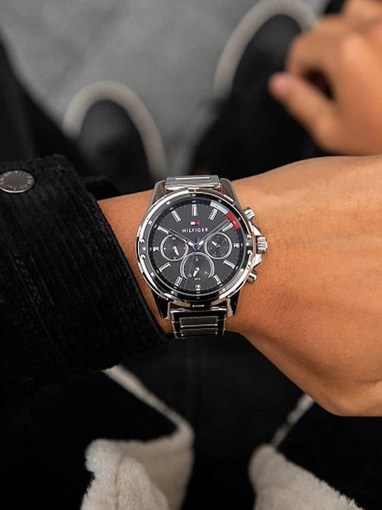 Tommy Hilfiger Mason Ανδρικό Ρολόι 45mm Χρονογράφος Μπαταρίας με Ασημί Μεταλλικό Μπρασελέ
