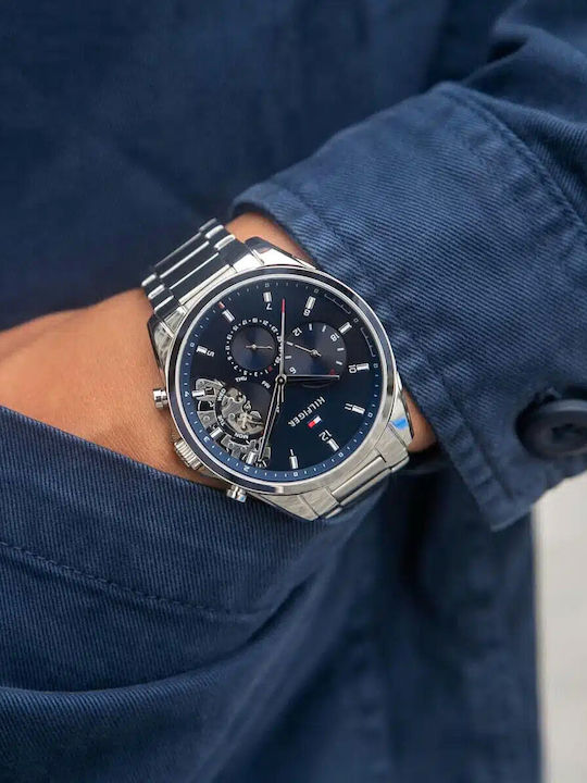 Tommy Hilfiger Baker Herrenuhr 44mm Chronograph Batterie mit Silber Metallarmband