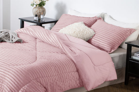 Saray Home Σετ Πάπλωμα Υπέρδιπλο με Γέμιση Microfiber 220x240εκ. Ruffles Ροζ 3τμχ 200 GSM
