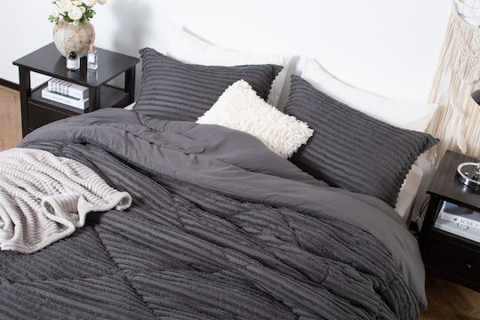Saray Home Duvet Set Queen with Microfiber Filling 220x240cm Ruffles Charcoal 3pcs 200 GSMGsm