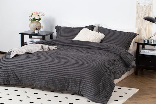 Saray Home Duvet Set Queen with Microfiber Filling 220x240cm Ruffles Charcoal 3pcs 200 GSMGsm