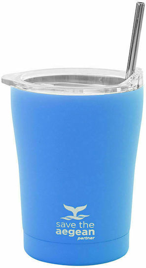 Estia Coffee Mug Save The Aegean Recyclable Glass Thermos Stainless Steel BPA Free 350ml Olympic Blue with Straw