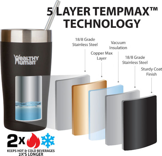 Healthy Human Cruiser Glass Thermos Stainless Steel BPA Free 591ml Black with Straw