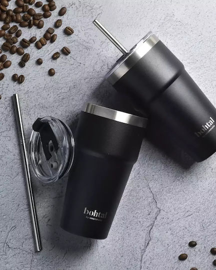 SmartShake Bohtal Glass Thermos Stainless Steel 600ml Black with Straw