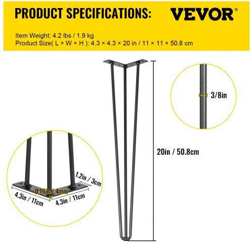 Set of 4 Black Table Legs Vevor 20" Furniture 220lbs Capacity 3 Heavy-Duty Carbon Steel Rods Tzzt4pcs20yc3g001v0