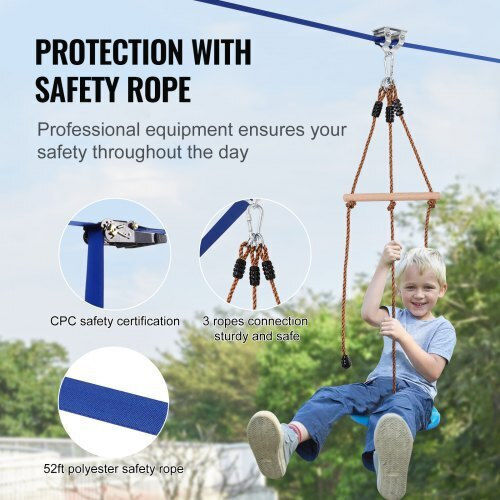 Vevor Zipline Set for Kids and Adults 52 Ft Up to 500 Lb Safety Harness Seat Handle Sshstj52ycnlkbc04v0