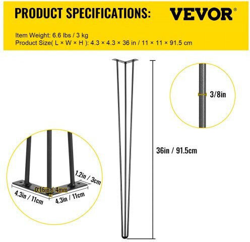 Set of 4 Black Vevor Hairpin Table Legs 36" Load 880lbs DIY Furniture Tzzt4pcs36yc3g001v0