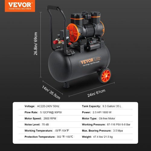 Vevor Compresor de aer 70dB cu Putere 2.5hp și Rezervor de aer 35lt W35L1800W220VAA5GV2