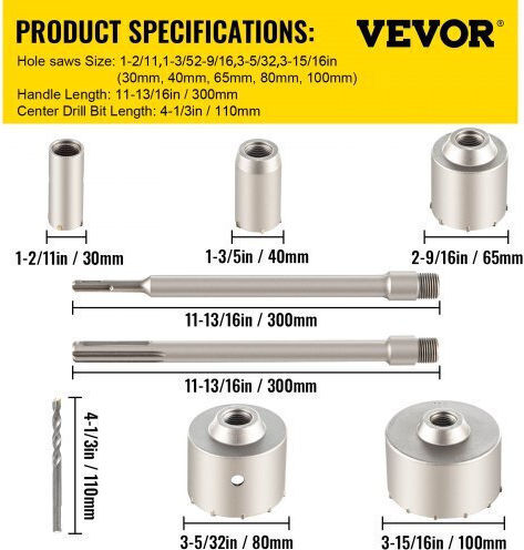Vevor Σετ Ποτηροπρίονα SDS με Διάμετρο από 40mm έως 300mm για Μπετό, Τούβλο, Πλακάκι και Πλαστικό