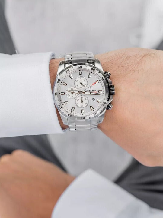 Festina Ανδρικό Ρολόι 45mm Χρονογράφος Μπαταρίας με Ασημί Μεταλλικό Μπρασελέ