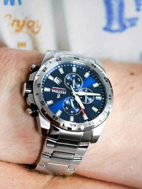 Festina Ανδρικό Ρολόι 44mm Χρονογράφος Μπαταρίας με Ασημί Μεταλλικό Μπρασελέ