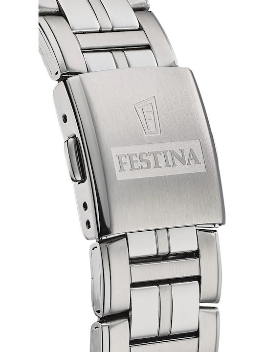 Festina Ανδρικό Ρολόι 44mm Χρονογράφος Μπαταρίας με Ασημί Μεταλλικό Μπρασελέ