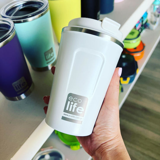Ecolife Coffee Cup Glass Thermos Stainless Steel BPA Free 370ml Ice White with Mouthpiece