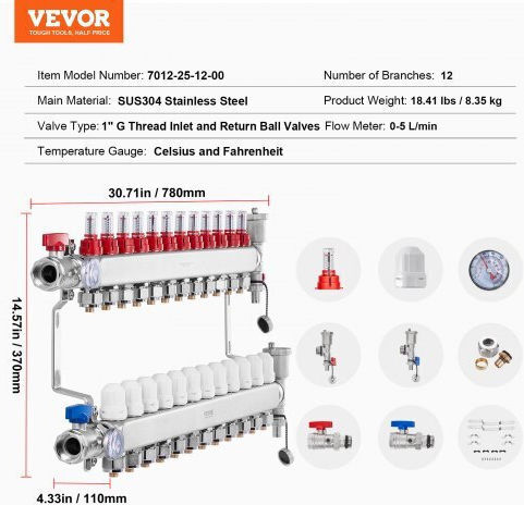 Vevor Floor Heating Manifold Set 12 Branches Pex Pipes 1/2" Drfsqbxg12hl053kuv0