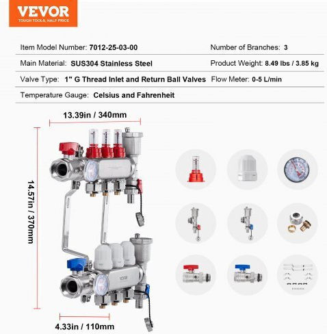Vevor 3-Branch Floor Heating Manifold Set Pex Pipes 1/2"