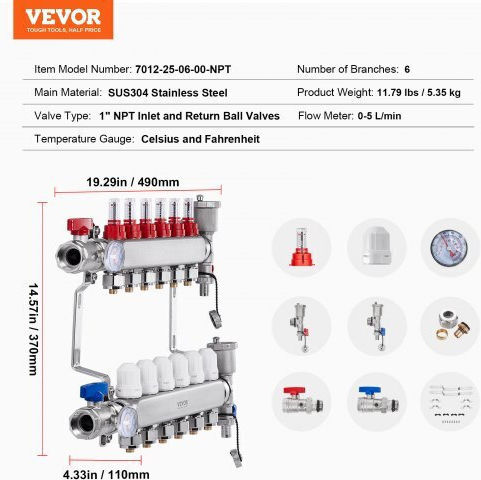 Vevor Floor Heating Manifold Set 6-Branch Pex Pipes 1/2" Drfsqbxg6hlg3is1av0