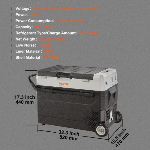 Vevor Преносим Хладилник 38л Капацитет 100-240V / 12V / 24V Сив