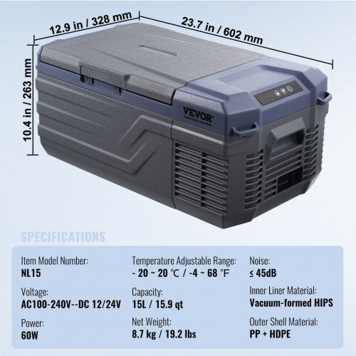 Vevor Φορητό Ψυγείο 15lt 100-240V Μαύρο